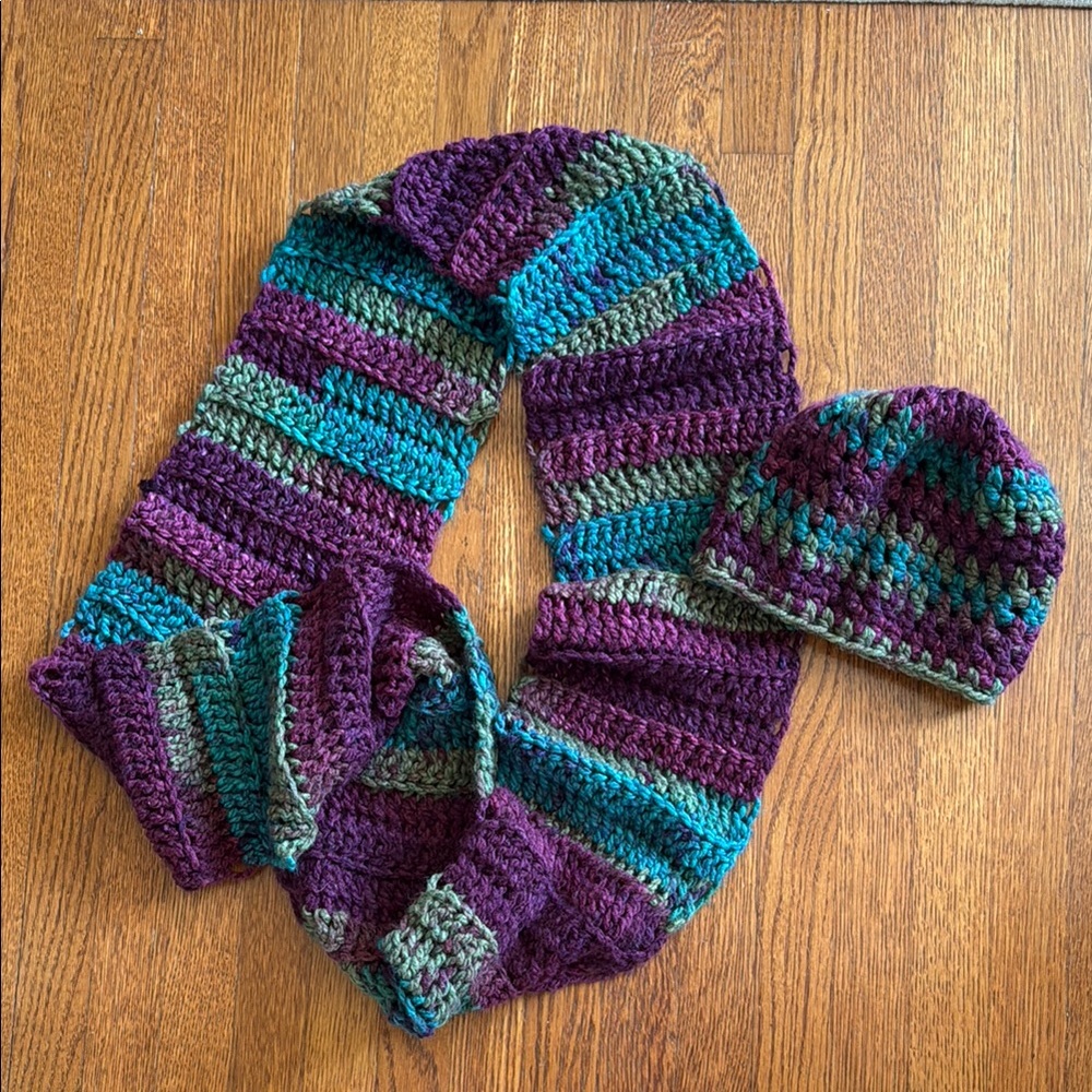 Handmade Multicolor Crochet Scarf and Hat Set